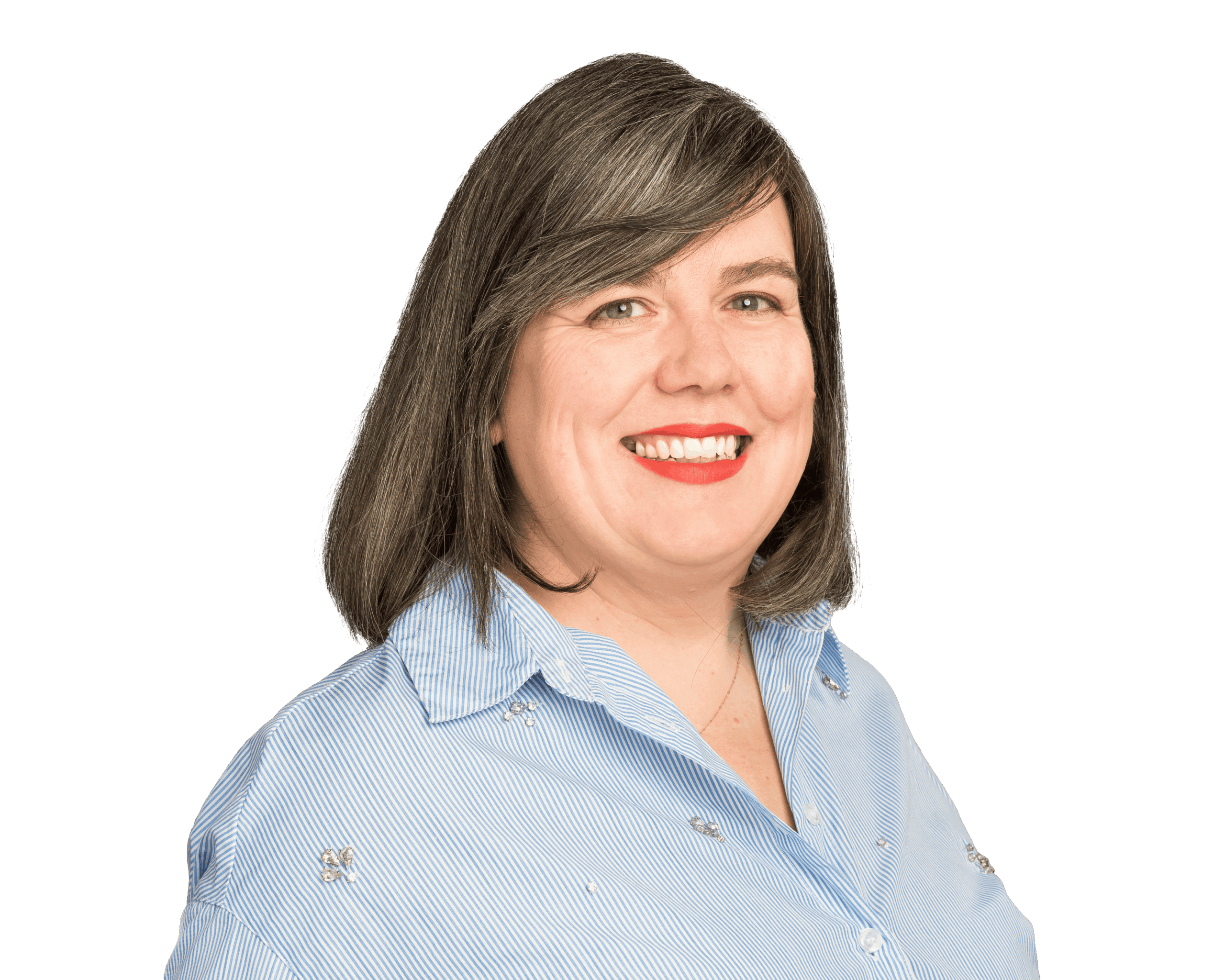 Smiling woman in blue shirt isolated on a white background.